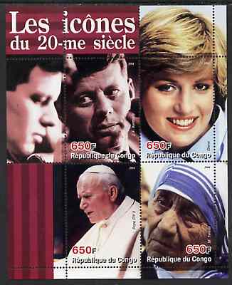 Congo 2004 Icons of the 20th Century #02 perf sheetlet containing 4 values (Diana, Pope, Mother Teresa & JFK) unmounted mint, stamps on personalities, stamps on royalty, stamps on diana, stamps on pope, stamps on nobel, stamps on kennedy