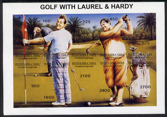 Touva 1995 Golf with Laurel & Hardy composite sheet containing complete imperf set of 10 unmounted mint, stamps on , stamps on  stamps on entertainments, stamps on golf, stamps on sport, stamps on clocks