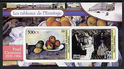 Comoro Islands 2004 Paintings in the Hermitage Museum #1 Paul Cezanne imperf sheetlet containing 2 values unmounted mint, stamps on arts, stamps on cezanne