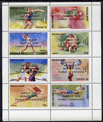 Nagaland 1974 World Cup Football opt'd on 1972 Munich Olympic Games perf sheetlet containing complete set of 8 values unmounted mint, stamps on sport, stamps on olympics, stamps on football, stamps on shop, stamps on walking, stamps on wrestling, stamps on javellin, stamps on weights, stamps on weightlifting, stamps on boxing, stamps on diving, stamps on basketball