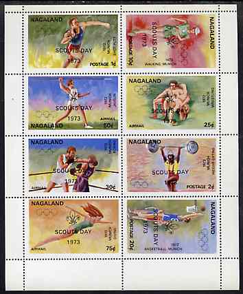 Nagaland 1973 Scouts Day optd on 1972 Munich Olympic Games perf sheetlet containing complete set of 8 values unmounted mint, stamps on sport, stamps on olympics, stamps on scouts, stamps on shop, stamps on walking, stamps on wrestling, stamps on javellin, stamps on weights, stamps on weightlifting, stamps on boxing, stamps on diving, stamps on basketball