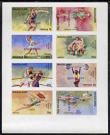 Nagaland 1973 Scouts Day optd on 1972 Munich Olympic Games imperf sheetlet containing complete set of 8 values unmounted mint, stamps on sport, stamps on olympics, stamps on scouts, stamps on shop, stamps on walking, stamps on wrestling, stamps on javellin, stamps on weights, stamps on weightlifting, stamps on boxing, stamps on diving, stamps on basketball