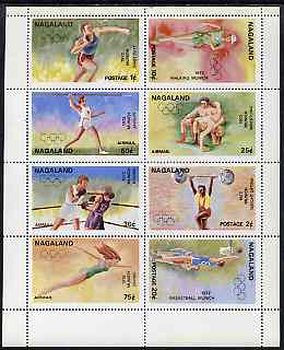 Nagaland 1972 Munich Olympic Games perf sheetlet containing complete set of 8 values unmounted mint, stamps on sport, stamps on olympics, stamps on shop, stamps on walking, stamps on wrestling, stamps on javellin, stamps on weights, stamps on weightlifting, stamps on boxing, stamps on diving, stamps on basketball