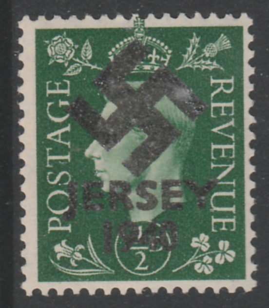 Jersey 1940 Swastika opt on Great Britain KG6 1/2d green produced during the German Occupation but unissued due to local feelings. This is a copy of the overprint on a ge..., stamps on forgery, stamps on  kg6 , stamps on  ww2 , stamps on 