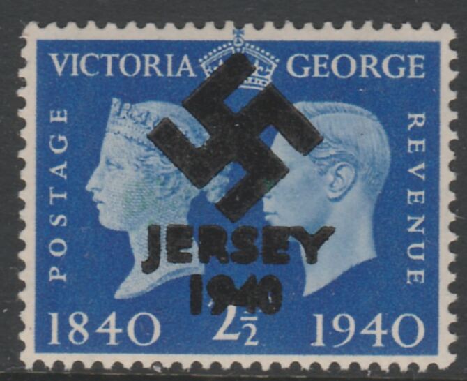 Jersey 1940 Swastika opt on Great Britain KG6 Centenary 2.5d produced during the German Occupation but unissued due to local feelings. This is a copy of the overprint on a genuine stamp with forgery handstamped on the back, unmounted mint on presentation card., stamps on forgery, stamps on  kg6 , stamps on  ww2 , stamps on 