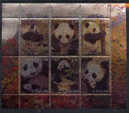 Chakasia 2000 Giant Pandas perf sheetlet containing set of 6 values printed on metallic foil unmounted mint, stamps on animals, stamps on bears, stamps on pandas