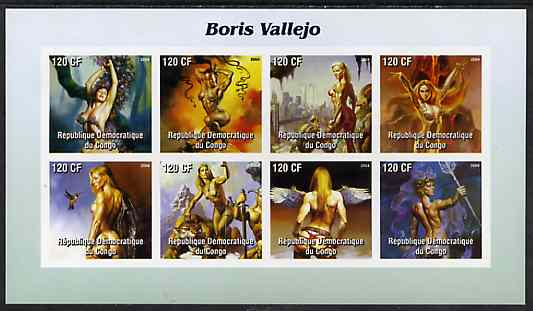 Congo 2004 Fantasy Paintings by Boris Vallejo imperf sheetlet containing 8 values, unmounted mint, stamps on arts, stamps on fantasy