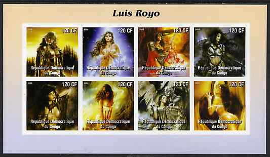 Congo 2004 Fantasy Paintings by Luis Royo imperf sheetlet containing 8 values, unmounted mint, stamps on arts, stamps on fantasy