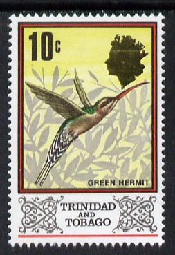 Trinidad & Tobago 1976 Green Hermit 10c def with wmk inverted unmounted mint, SG 473Ei (blocks available pro-rata), stamps on birds, stamps on hummingbirds, stamps on 