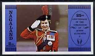 Nagaland 1978 Coronation 25th Anniversary imperf deluxe sheet (Queen Saluting at Trooping the Colour) unmounted mint, stamps on royalty, stamps on militaria, stamps on horses