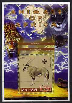 Malawi 2005 Animals of Africa - Gazelle perf m/sheet with Scout Logo & Lions in background, unmounted mint, stamps on scouts, stamps on animals, stamps on gazelles, stamps on lions, stamps on cats