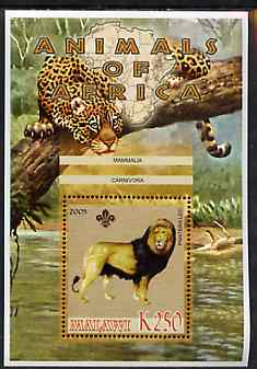 Malawi 2005 Animals of Africa - Lion perf m/sheet with Scout Logo, other big cats in background, unmounted mint, stamps on scouts, stamps on animals, stamps on lions, stamps on cats