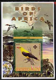Malawi 2005 Birds of Africa - Oriole perf m/sheet with Scout Logo and Lions in background, unmounted mint, stamps on scouts, stamps on birds, stamps on cats, stamps on animals