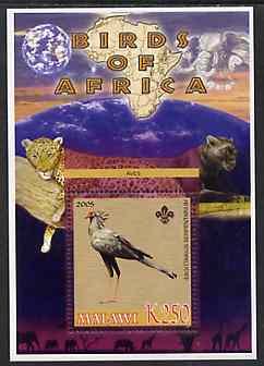 Malawi 2005 Birds of Africa - Secretary Bird perf m/sheet with Scout Logo and Big cats & Elephant in background, unmounted mint, stamps on , stamps on  stamps on scouts, stamps on  stamps on birds, stamps on  stamps on cats, stamps on  stamps on animals, stamps on  stamps on elephants