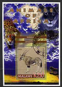 Malawi 2005 Animals of Africa - Gazelle perf m/sheet with Scout Logo & Lions in background, fine cto used, stamps on scouts, stamps on animals, stamps on gazelles, stamps on lions, stamps on cats