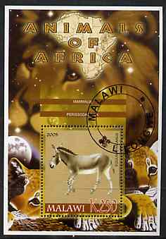 Malawi 2005 Animals of Africa - Horse perf m/sheet with Scout Logo & Lions in background, fine cto used, stamps on scouts, stamps on animals, stamps on horses, stamps on lions, stamps on cats