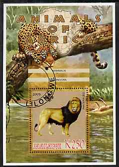 Malawi 2005 Animals of Africa - Lion perf m/sheet with Scout Logo, other big cats in background, fine cto used, stamps on scouts, stamps on animals, stamps on lions, stamps on cats