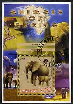 Malawi 2005 Animals of Africa - Elephants perf m/sheet with Scout Logo and Giraffe in background, fine cto used, stamps on scouts, stamps on animals, stamps on elephants, stamps on giraffes