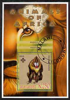Malawi 2005 Animals of Africa - Mandrill perf m/sheet with Scout Logo, fine cto used, stamps on scouts, stamps on animals, stamps on apes