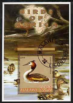 Malawi 2005 Birds of Africa - Great Crested Grebe perf m/sheet with Scout Logo and Ducks in background, fine cto used, stamps on scouts, stamps on birds, stamps on grebe, stamps on ducks