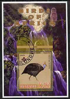 Malawi 2005 Birds of Africa - Guinea Fowl perf m/sheet with Scout Logo, Owl & Waterfall in background, fine cto used, stamps on , stamps on  stamps on scouts, stamps on  stamps on birds, stamps on  stamps on owls, stamps on  stamps on waterfalls, stamps on  stamps on birds of prey
