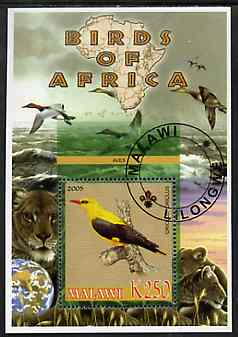 Malawi 2005 Birds of Africa - Oriole perf m/sheet with Scout Logo and Lions in background, fine cto used, stamps on , stamps on  stamps on scouts, stamps on  stamps on birds, stamps on  stamps on cats, stamps on  stamps on animals