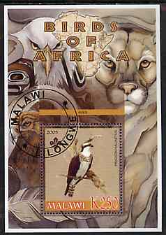 Malawi 2005 Birds of Africa - Osprey perf m/sheet with Scout Logo and Lion in background, fine cto used, stamps on scouts, stamps on birds, stamps on owls, stamps on birds of prey, stamps on cats, stamps on animals
