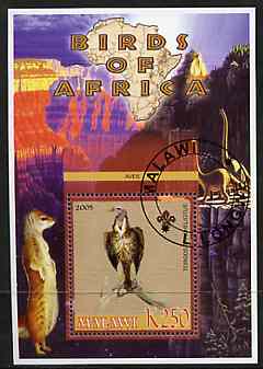 Malawi 2005 Birds of Africa - Vulture perf m/sheet with Scout Logo and Dinosaurs in background, fine cto used, stamps on scouts, stamps on birds, stamps on dinosaurs, stamps on animals