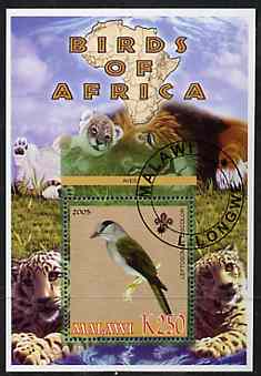 Malawi 2005 Birds of Africa - Cuckoo Roller perf m/sheet with Scout Logo and Big cats in background, fine cto used, stamps on , stamps on  stamps on scouts, stamps on  stamps on birds, stamps on  stamps on cats, stamps on  stamps on animals