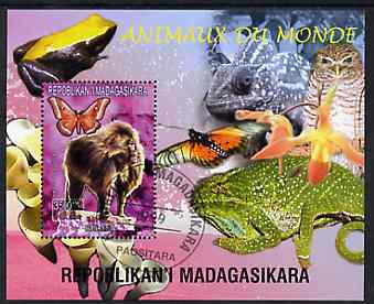 Madagascar 1999 Animals of the World #01 perf m/sheet showing Baboon, background shows Frog, Owl, Butterfly, Chameleon & Orchid, fine cto used, stamps on flowers, stamps on orchids, stamps on animals, stamps on apes, stamps on frogs, stamps on owls, stamps on prey, stamps on butterflies, stamps on chameleons, stamps on birds of prey