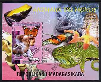 Madagascar 1999 Animals of the World #03 perf m/sheet showing Proboscis Monkey, background shows Frog, Owl, Butterfly, Chameleon & Orchid, fine cto used, stamps on flowers, stamps on orchids, stamps on animals, stamps on apes, stamps on frogs, stamps on owls, stamps on prey, stamps on butterflies, stamps on chameleons, stamps on birds of prey