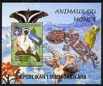 Madagascar 1999 Animals of the World #06 perf m/sheet showing Sifaka with Scout Logo, background shows Owl, Butterfly, Reptile, Fungi & Orchid, fine cto used, stamps on flowers, stamps on orchids, stamps on animals, stamps on apes, stamps on reptiles, stamps on fungi, stamps on butterflies, stamps on birds of prey, stamps on scouts
