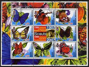 Antigua - Redonda 2005 Scout Anniversaries - Butterflies #01 perf sheetlet containing set of 8 values plus label cto used, stamps on scouts, stamps on butterflies