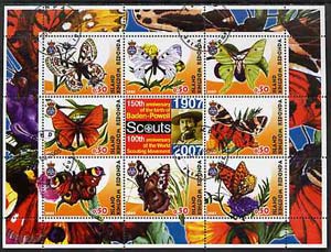 Antigua - Redonda 2005 Scout Anniversaries - Butterflies #02 perf sheetlet containing set of 8 values plus label cto used, stamps on scouts, stamps on butterflies