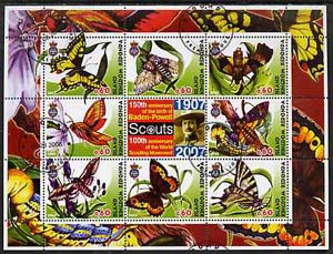 Antigua - Redonda 2005 Scout Anniversaries - Butterflies #03 perf sheetlet containing set of 8 values plus label cto used, stamps on scouts, stamps on butterflies