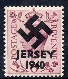 Jersey 1940 Swastika opt on Great Britain KG6 6d purple produced during the German Occupation but unissued due to local feelings. This is a copy of the overprint on a genuine stamp with forgery handstamped on the back, unmounted mint in presentation folder., stamps on forgery, stamps on  kg6 , stamps on  ww2 , stamps on 
