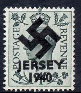 Jersey 1940 Swastika opt on Great Britain KG6 4d grey-green produced during the German Occupation but unissued due to local feelings. This is a copy of the overprint on a genuine stamp with forgery handstamped on the back, unmounted mint in presentation folder., stamps on forgery, stamps on  kg6 , stamps on  ww2 , stamps on 