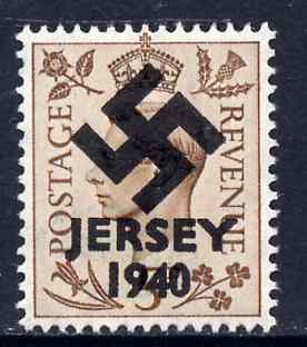 Jersey 1940 Swastika opt on Great Britain KG6 5d brown produced during the German Occupation but unissued due to local feelings. This is a copy of the overprint on a genu..., stamps on forgery, stamps on  kg6 , stamps on  ww2 , stamps on 
