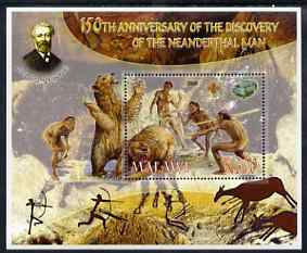 Malawi 2006 Discovery of Neanderthal Man perf souvenir sheet #3 with Scout Logo, Mineral & Jules Verne in background, unmounted mint, stamps on scouts, stamps on personalities, stamps on dinosaurs, stamps on literature, stamps on sci-fi, stamps on minerals