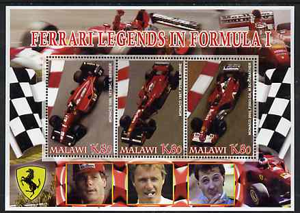 Malawi 2005 Ferrari Legends in Formula 1 #1 perf sheetlet containing 3 values unmounted mint, stamps on cars, stamps on ferrari, stamps on  f1 , stamps on racing cars