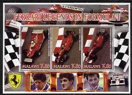 Malawi 2005 Ferrari Legends in Formula 1 #3 perf sheetlet containing 3 values unmounted mint, stamps on , stamps on  stamps on cars, stamps on  stamps on ferrari, stamps on  stamps on  f1 , stamps on  stamps on racing cars