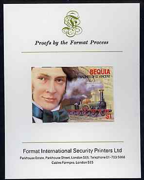 St Vincent - Bequia 1986 Locomotives & Engineers (Leaders of the World) $1.00 (Sir Daniel Gooch & Firefly) imperf proof mounted on Format International proof card, stamps on railways    engineers