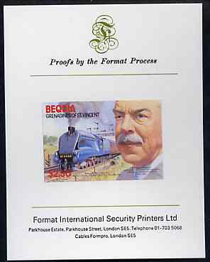 St Vincent - Bequia 1986 Locomotives & Engineers (Leaders of the World) $2.50 (Sir Nigel Gresley & Mallard) imperf proof mounted on Format International proof card, stamps on railways    engineers, stamps on scots, stamps on scotland