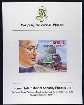 St Vincent - Bequia 1986 Locomotives & Engineers (Leaders of the World) $4.00 (Oliver Bullied & Battle of Britain Class) imperf proof mounted on Format International proof card, stamps on railways    engineers