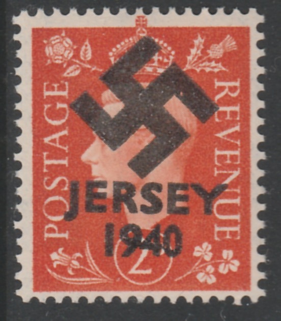 Jersey 1940 Swastika opt on Great Britain KG6 2d orange produced during the German Occupation but unissued due to local feelings. This is a copy of the overprint on a genuine stamp with forgery handstamped on the back, unmounted mint in presentation folder., stamps on forgery, stamps on  kg6 , stamps on  ww2 , stamps on 