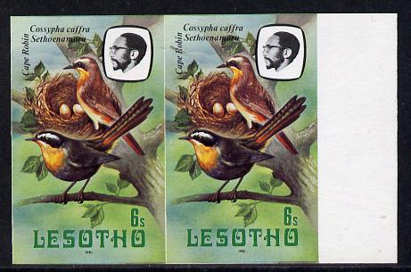 Lesotho 1981 Cape Robin Chat 6s def in unmounted mint imperf pair (as SG 441)*, stamps on lesotho, stamps on birds, stamps on robin, stamps on 