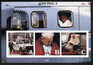 Kosova 2000 Pope John Paul II #2 imperf sheetlet containing set of 3 values unmounted mint, stamps on religion, stamps on pope, stamps on personalities