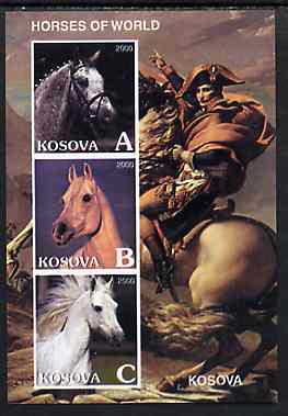 Kosova 2000 Horses of the World imperf sheetlet containing set of 3 values unmounted mint, stamps on , stamps on  stamps on horses, stamps on  stamps on napoleon