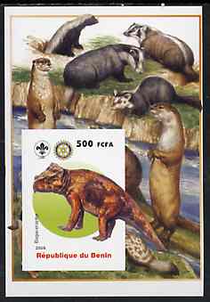 Benin 2005 Dinosaurs #02 - Bagaceraptor imperf m/sheet with Scout & Rotary Logos, background shows Badgers, Otters & Beavers unmounted mint, stamps on scouts, stamps on rotary, stamps on dinosaurs, stamps on animals