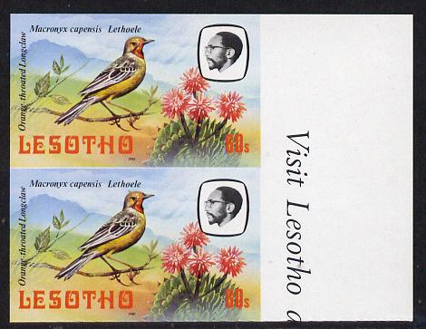 Lesotho 1981 Cape Longclaw 60s def in unmounted mint imperf pair (as SG 446)*, stamps on lesotho, stamps on birds, stamps on longclaw